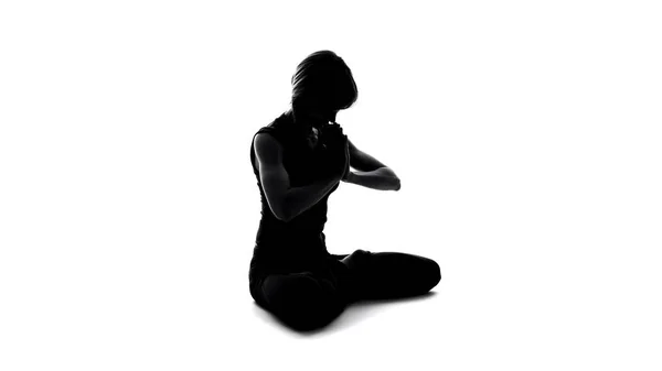 Female Shadow Making Namaste Gesture Spiritual Practice Zen Harmony Feeling — Stock Photo, Image