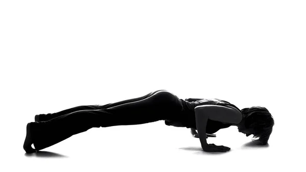 Fitness Frau Silhouette Praktiziert Yoga Plank Gymnastik Heimtraining Gesundheit — Stockfoto