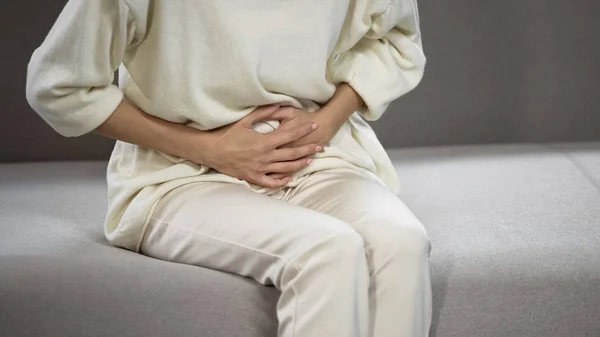 Lady suffering from strong stomach ache, gastritis, problems with gall bladder — Stock Image Lady Suffering Strong Stomach Ache Gastritis Problems Gall Bladder Royalty Free Stock Images