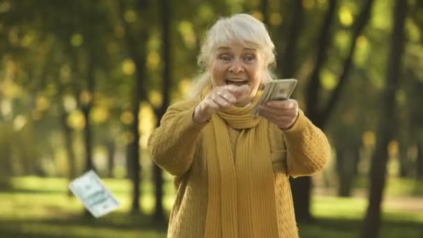 Gelukkig Senior Oude Dame Stapel Dollarbiljetten Gooien Park Gepland Pensioen — Stockvideo