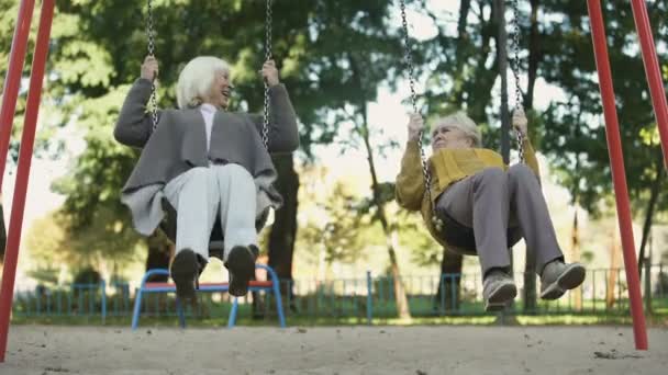 Two Senior Ladies Enjoying Ride Swings Park Elderly Friends Retirement — Stock Video