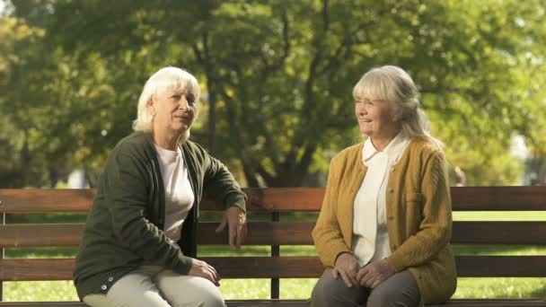 Dos Ancianas Gruñonas Juzgando Los Transeúntes Sentadas Banco Parque Pensión — Vídeo de stock