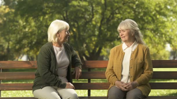 Duas Mulheres Seniores Alegres Que Gostam Companhia Pessoas Transeuntes Parque — Vídeo de Stock