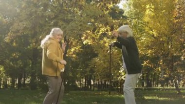 Dans ve having fun sonbahar park, aktif yaşam tarzı, neşe içinde iki yaşlı arkadaş