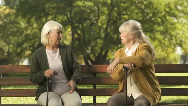 Twee Senior Dames Ruzie Zittend Bankje Park Chagrijnig Ouderlingen Betwisten — Stockvideo