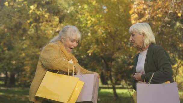 Duas Mulheres Idosas Positivas Que Encontram Mostrando Compras Depois Fazer — Vídeo de Stock