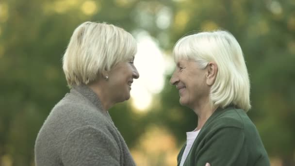 Dos Amigas Maduras Abrazándose Firmemente Sonriendo Feliz Encuentro — Vídeo de stock