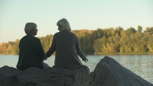 Duas Mulheres Idosas Sentadas Parque Perto Lago Conversando Melhor Tempo — Vídeo de Stock