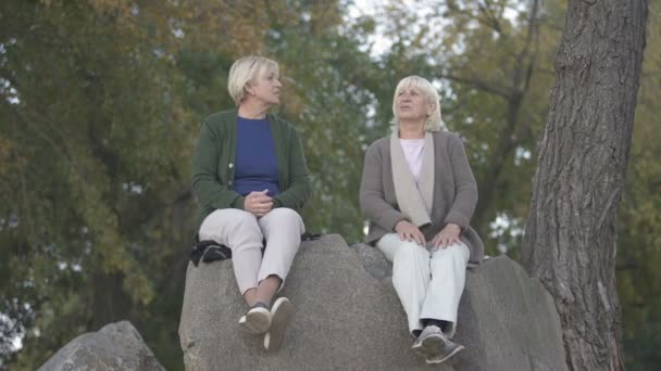 Senior Mor Och Hennes Mogna Dotter Sitta Stenar Park Och — Stockvideo