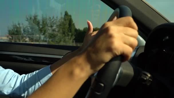 Manos Femeninas Sosteniendo Volante Mujer Esperando Prueba Del Instructor Conducción — Vídeo de stock