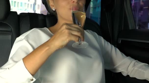 Satisfied Rich Female Celebrating Contract Champagne Glass Car Back Seat — Stock Video