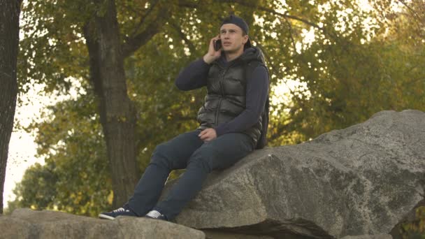 Lost Hiker Searching Cellphone Signal Alone Rural Area Risky Adventure — Stock Video