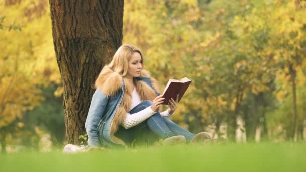 Mulher Bonita Lendo Livro Interessante Sentado Debaixo Árvore Passando Tempo — Vídeo de Stock