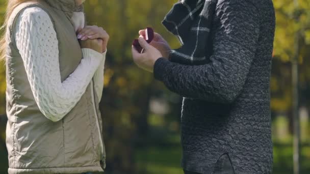 Hombre Poniendo Anillo Compromiso Dedo Femenino Compromiso Propuesta Otoño Parque — Vídeos de Stock