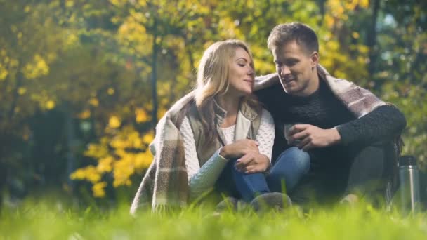 秋の公園で座って 熱いお茶を飲むと話すは格子縞で覆われてカップル — ストック動画