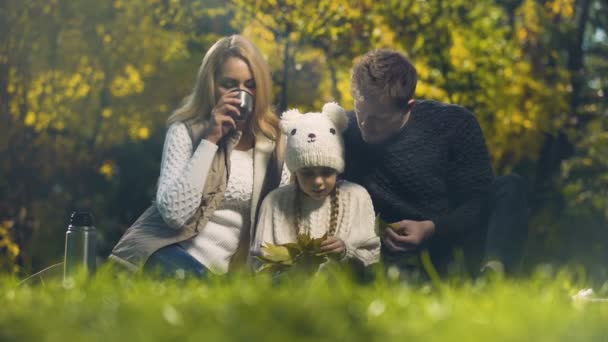 秋の森 意識的な親子関係 幸福でピクニック楽しんで家族 — ストック動画