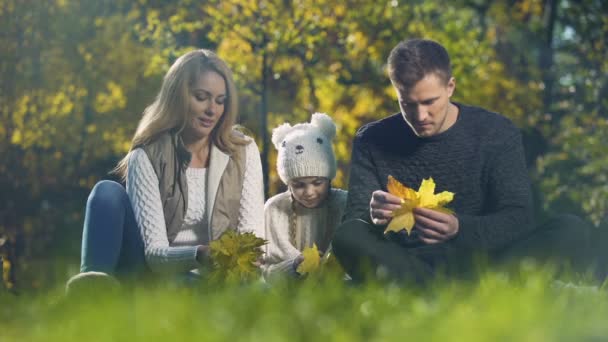 Família Feliz Brincando Com Folhas Amarelas Parque Outono Divertindo Parentalidade — Vídeo de Stock