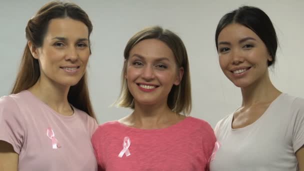 Smiling Women Breast Cancer Timely Diagnosis Gives Chance Recovery — Stock Video