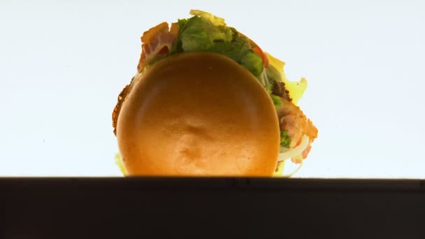 Verarbeitung Burger Mit Beleuchtung Qualitätskontrolle Junk Food Verfallsdatum — Stockvideo