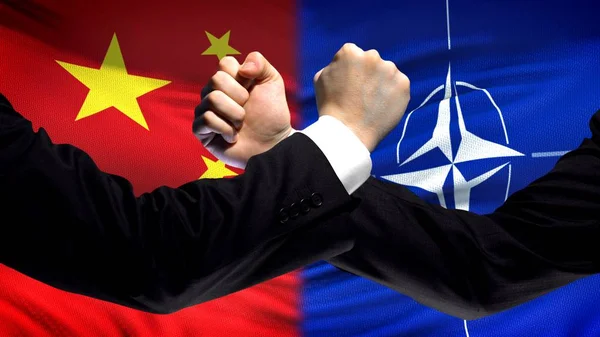 China Nato Confrontation Countries Disagreement Fists Flag Background — Stock Photo, Image