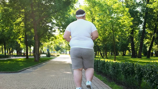 Fett Mann Som Jogger Parken Vekttapsprogram Sunn Livsstil Bakoverblikk – stockfoto