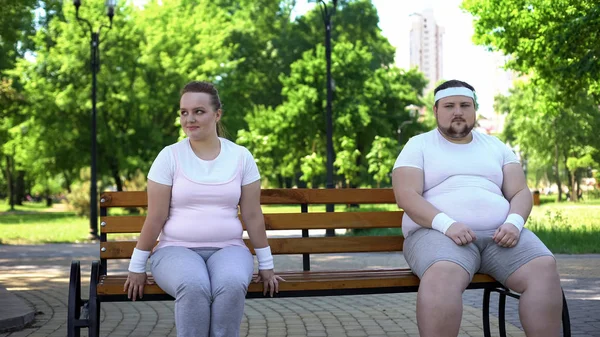 Két Aranyos Elhízott Emberek Szerényen Ült Padon Túl Félénk Hogy — Stock Fotó