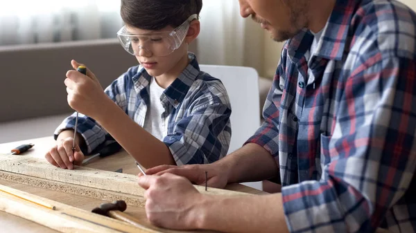 Cute Attentive Boy Working Screwdriver Wood Father Teaching Son — Stock Photo, Image
