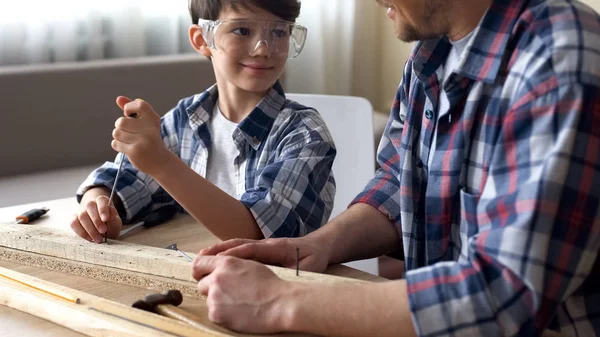 Smart Attentive Boy Working Screwdriver Wood Father Teaching Son — Stock Photo, Image