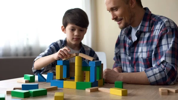 Handsome Little Boy Father Playing Colored Toy Cubes Home Childhood — Stock Photo, Image