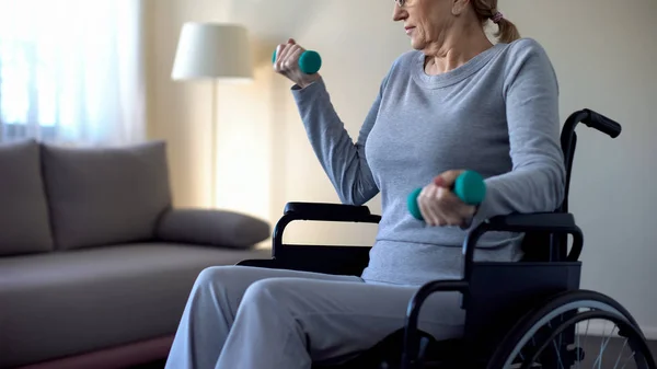 Inspired Grandmother Wheelchair Lifting Dumbbells Recovery Accident — Stock Photo, Image