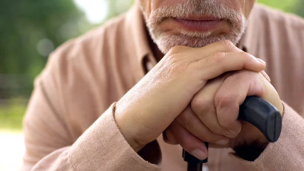 Male Pensioner Garden Hands Chin Walking Stick Closeup Aging Problem — Stock Photo, Image