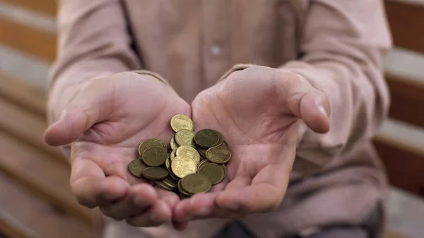 Senior Male Hands Holding Euro Cents Old Age Poverty Pension — Stock Photo, Image