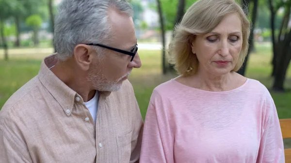 Loving Aged Husband Supporting Sad Wife Outdoors Male Apology Relation — Stock Photo, Image