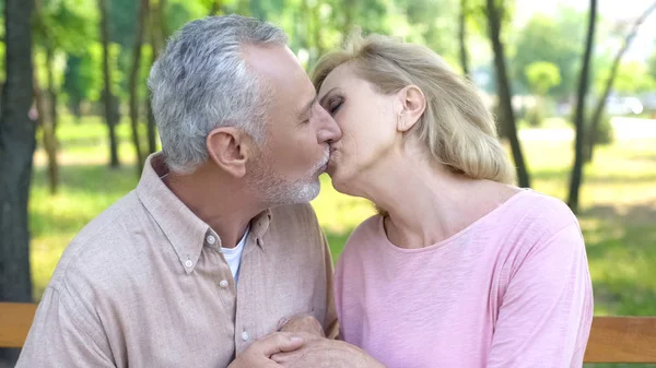 Casal Maduro Beijando Parque Casamento Feliz Amor Forte Cuidado Para — Fotografia de Stock