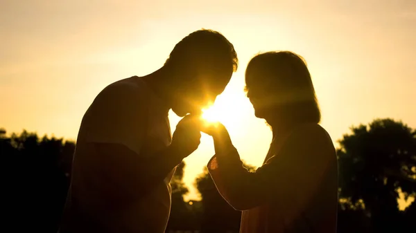 Silueta Domnului Sărutând Mâna Soției Cuplu Senior Îndrăgostit Romantism — Fotografie, imagine de stoc