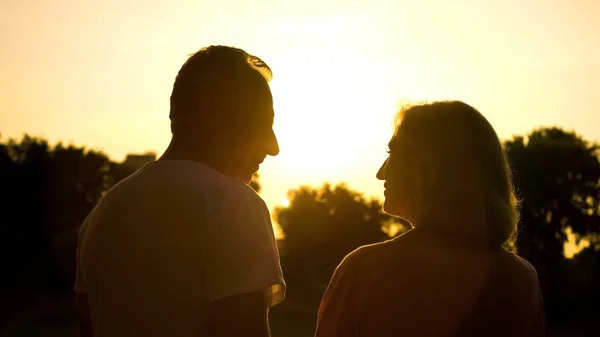 Para Starszych Sylwetka Oglądając Zachód Słońca Razem Romantyczny Daty Wsi — Zdjęcie stockowe