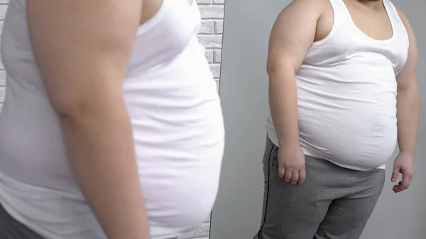 Fat Male White Shirt Looking Fat Belly Mirror Reflection Obesity — Stock Photo, Image