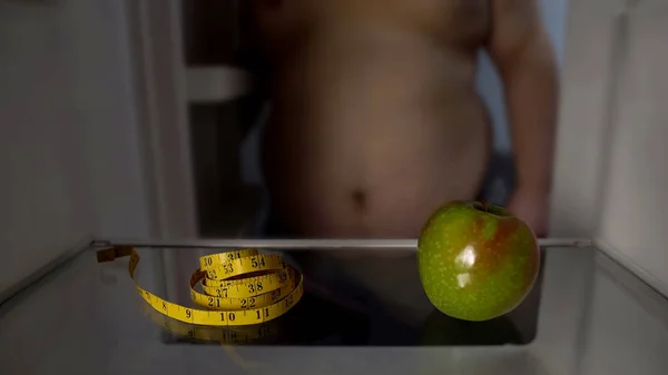 Measuring Tape Green Apple Fat Mans Fridge Healthy Nutrition Concept — Stock Photo, Image