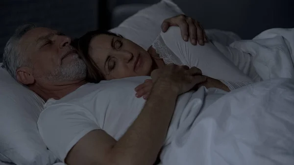 Senior Woman Lying Male Chest Couple Sleeping Bed Man Hugging — Stock Photo, Image