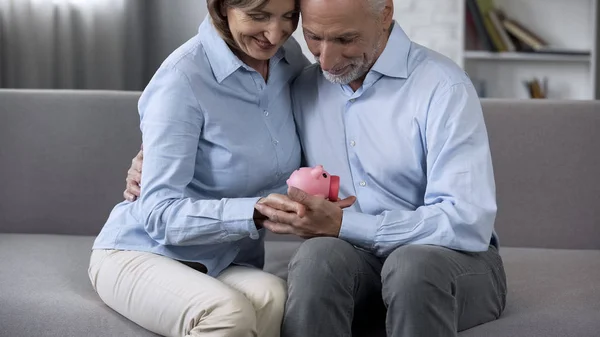 Sorridente Coppia Pensionato Seduto Sul Divano Che Tiene Salvadanaio Servizio — Foto Stock