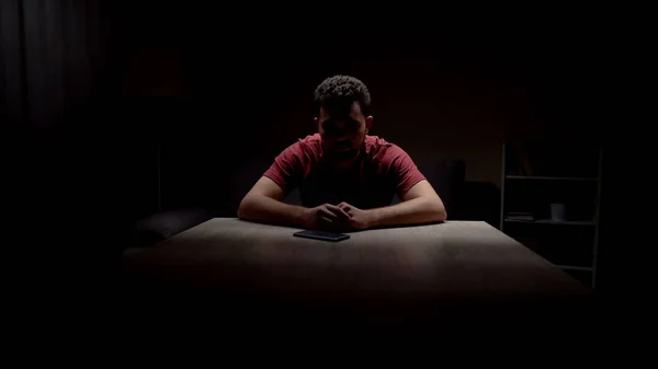 Depressed Single Man Sitting Dark Room Looking Phone Waiting Call — Stock Photo, Image