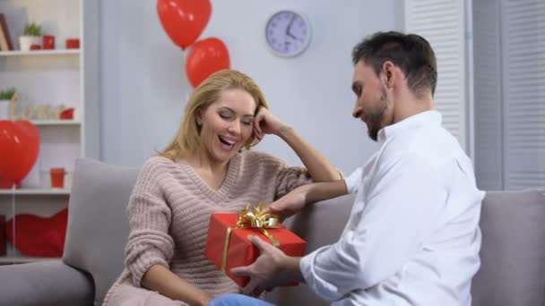 Freund Gibt Überraschte Glückliche Dame Geschenk Zum Valentinstag Glückliches Paar — Stockvideo