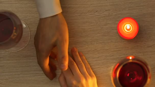 Couple Holding Hands Romantic Dinner Candles Saint Valentines Day — Stock Video