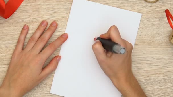 Woman Drawing Red Heart White Paper Charity Donations Concept Top — Stock Video