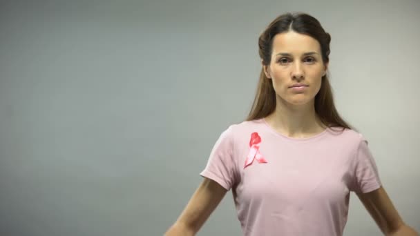 Woman Pink Ribbon Boxing Gloves Fighting Breast Cancer Concept — Stock Video