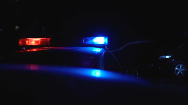 Patrulla Policial Con Luces Intermitentes Durante Redada Nocturna Contra Crimen — Vídeo de stock