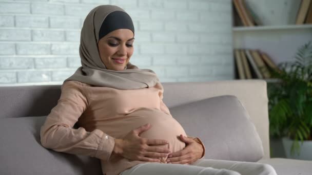 微笑的孕妇抚摸着肚子 在家里的沙发上休息 产妇幸福 — 图库视频影像