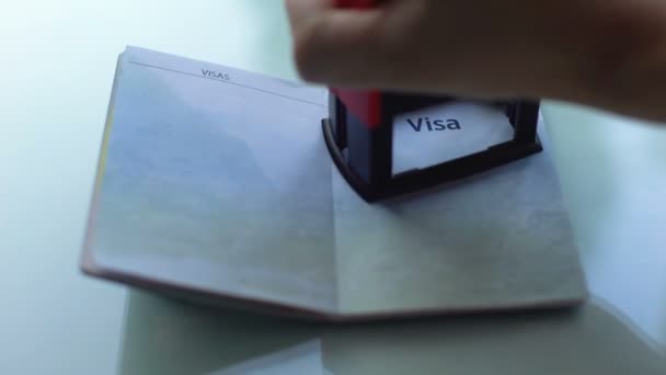 Visa Cancelada Sello Sellado Mano Oficial Aduanas Pasaporte Viajar Extranjero — Vídeo de stock