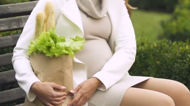 Těhotná Žena Nákupní Taškou Sedí Lavičce Odpočinku Svobodná Matka — Stock video