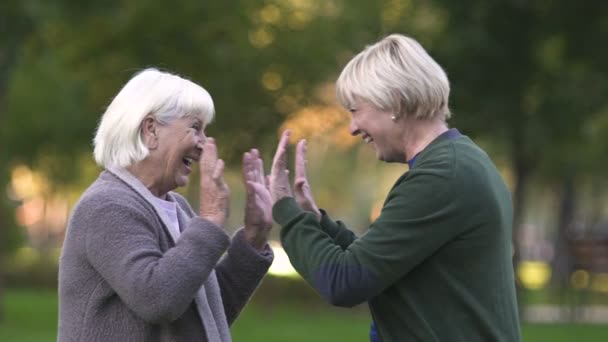 Gamla Mor Och Vuxen Dotter High Five Firar Livet Familj — Stockvideo